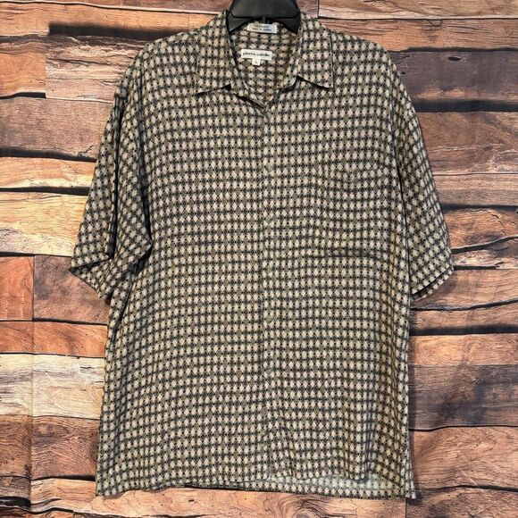 Pierre Cardin Shirt Large Men’s Tan Diamond Vintage 90s Button Up Short Sleeve - Picture 1 of 6